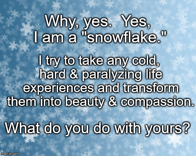 Snowflake Trump | Why, yes.  Yes, I am a "snowflake."; I try to take any cold, hard & paralyzing life experiences and transform them into beauty & compassion. What do you do with yours? | image tagged in snowflake trump | made w/ Imgflip meme maker