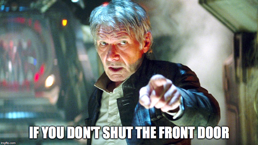 If you don't shut the front door | IF YOU DON'T SHUT THE FRONT DOOR | image tagged in star wars,harrison ford,respect,response | made w/ Imgflip meme maker