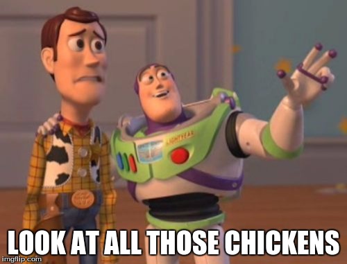 X, X Everywhere Meme | LOOK AT ALL THOSE CHICKENS | image tagged in memes,x x everywhere | made w/ Imgflip meme maker