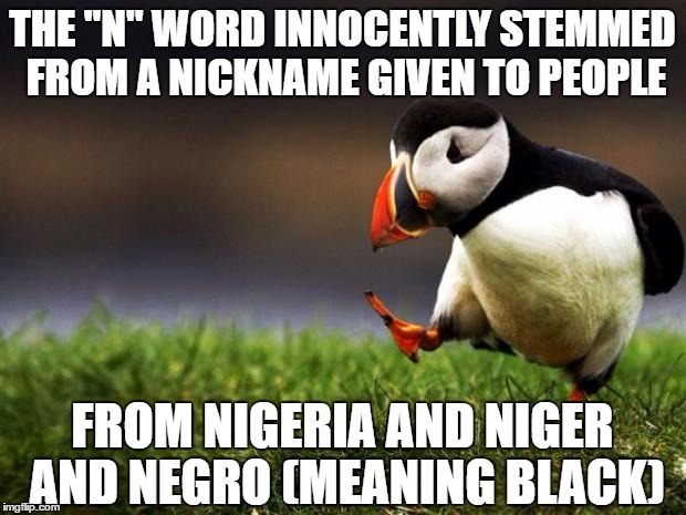 Unpopular Opinion Puffin Meme | THE "N" WORD INNOCENTLY STEMMED FROM A NICKNAME GIVEN TO PEOPLE; FROM NIGERIA AND NIGER AND NEGRO (MEANING BLACK) | image tagged in memes,unpopular opinion puffin | made w/ Imgflip meme maker
