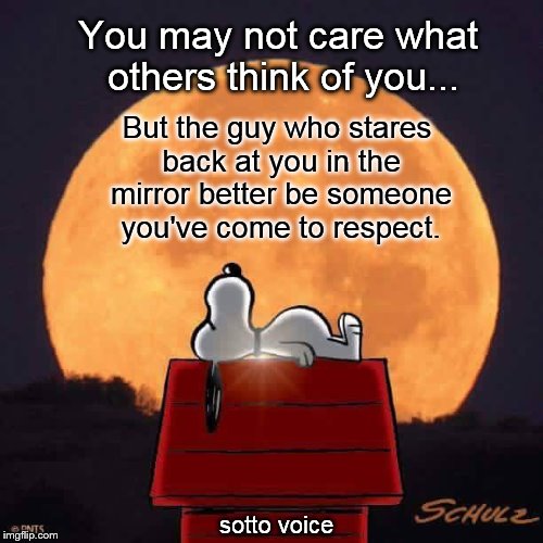 Snoopy | You may not care what others think of you... But the guy who stares back at you in the mirror better be someone you've come to respect. sotto voice | image tagged in snoopy | made w/ Imgflip meme maker