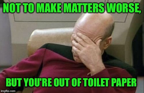 Captain Picard Facepalm Meme | NOT TO MAKE MATTERS WORSE, BUT YOU'RE OUT OF TOILET PAPER | image tagged in memes,captain picard facepalm | made w/ Imgflip meme maker