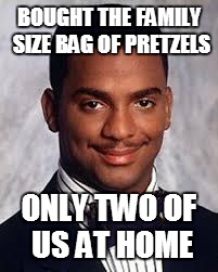 Thug Life | BOUGHT THE FAMILY SIZE BAG OF PRETZELS; ONLY TWO OF US AT HOME | image tagged in thug life,family,size matters,funny memes | made w/ Imgflip meme maker