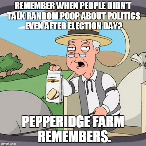 Cut the Politic Crud. | REMEMBER WHEN PEOPLE DIDN'T TALK RANDOM POOP ABOUT POLITICS EVEN AFTER ELECTION DAY? PEPPERIDGE FARM REMEMBERS. | image tagged in memes,pepperidge farm remembers | made w/ Imgflip meme maker