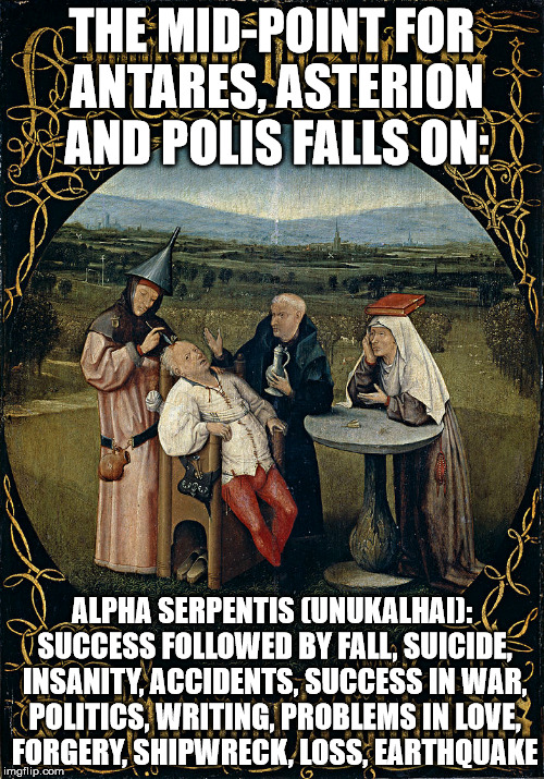 The Extraction of the Stone of Madness | THE MID-POINT FOR ANTARES, ASTERION AND POLIS FALLS ON:; ALPHA SERPENTIS (UNUKALHAI): SUCCESS FOLLOWED BY FALL, SUICIDE, INSANITY, ACCIDENTS, SUCCESS IN WAR, POLITICS, WRITING, PROBLEMS IN LOVE, FORGERY, SHIPWRECK, LOSS, EARTHQUAKE | image tagged in jesus,the abrahamic god,athiests,dogs,madness,insanity | made w/ Imgflip meme maker