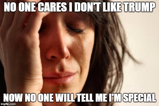 First World Problems Meme | NO ONE CARES I DON'T LIKE TRUMP NOW NO ONE WILL TELL ME I'M SPECIAL | image tagged in memes,first world problems | made w/ Imgflip meme maker