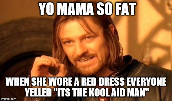 One Does Not Simply Meme | YO MAMA SO FAT; WHEN SHE WORE A RED DRESS EVERYONE YELLED "ITS THE KOOL AID MAN" | image tagged in memes,one does not simply | made w/ Imgflip meme maker