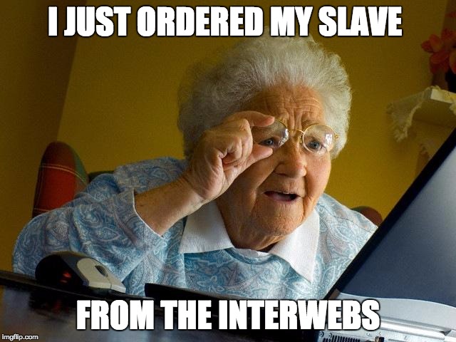 Grandma Finds The Internet Meme | I JUST ORDERED MY SLAVE; FROM THE INTERWEBS | image tagged in memes,grandma finds the internet | made w/ Imgflip meme maker