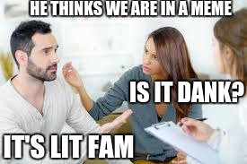 HE THINKS WE ARE IN A MEME; IS IT DANK? IT'S LIT FAM | image tagged in therapy | made w/ Imgflip meme maker