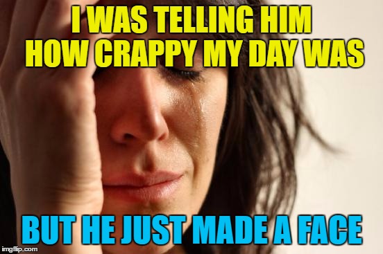 First World Problems Meme | I WAS TELLING HIM HOW CRAPPY MY DAY WAS BUT HE JUST MADE A FACE | image tagged in memes,first world problems | made w/ Imgflip meme maker