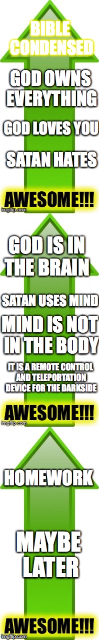 Thanks to the "green arrow with awesome" memeist, I  acknowledge you. | BIBLE CONDENSED; GOD OWNS EVERYTHING; GOD LOVES YOU; SATAN HATES; GOD IS IN THE BRAIN; SATAN USES MIND; MIND IS NOT IN THE BODY; IT IS A REMOTE CONTROL AND TELEPORTATION DEVICE FOR THE DARKSIDE; HOMEWORK; MAYBE LATER | image tagged in love,god,yahusha,yahuah | made w/ Imgflip meme maker