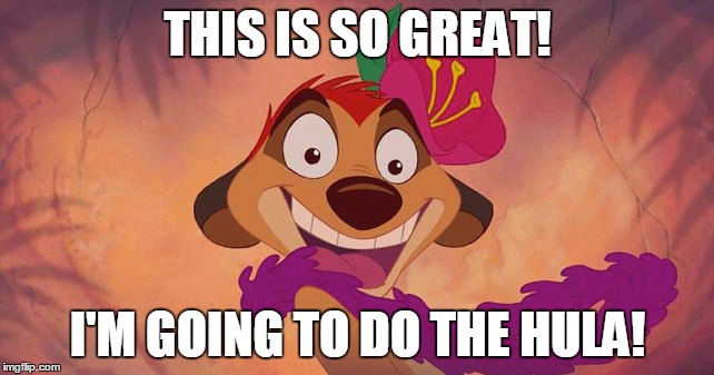 timon | THIS IS SO GREAT! I'M GOING TO DO THE HULA! | image tagged in timon | made w/ Imgflip meme maker