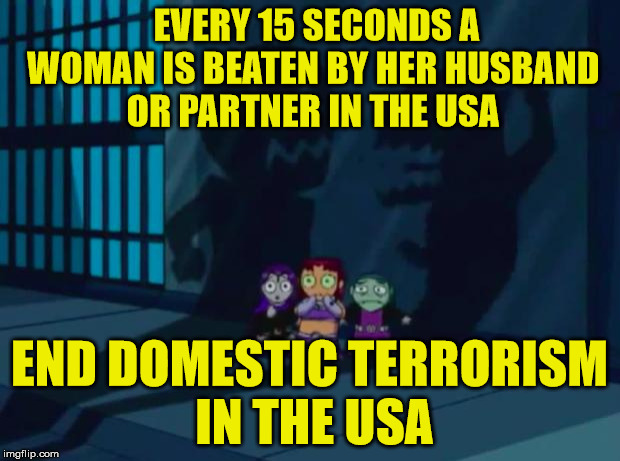 Domestic Violence Teen Titans 2 | EVERY 15 SECONDS A WOMAN IS BEATEN BY HER HUSBAND OR PARTNER IN THE USA; END DOMESTIC TERRORISM IN THE USA | image tagged in domestic violence teen titans 2 | made w/ Imgflip meme maker