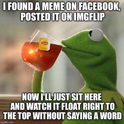 But That's None Of My Business Meme | I FOUND A MEME ON FACEBOOK, POSTED IT ON IMGFLIP; NOW I'LL JUST SIT HERE AND WATCH IT FLOAT RIGHT TO THE TOP WITHOUT SAYING A WORD | image tagged in memes,but thats none of my business,kermit the frog | made w/ Imgflip meme maker