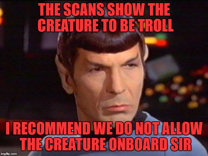 Spock - Doubtful | THE SCANS SHOW THE CREATURE TO BE TROLL; I RECOMMEND WE DO NOT ALLOW THE CREATURE ONBOARD SIR | image tagged in spock - doubtful | made w/ Imgflip meme maker