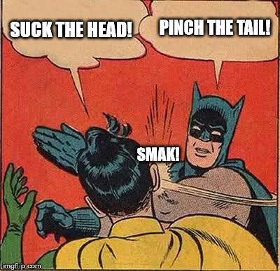 Batman Slapping Robin Meme | SUCK THE HEAD! PINCH THE TAIL! SMAK! | image tagged in memes,batman slapping robin | made w/ Imgflip meme maker