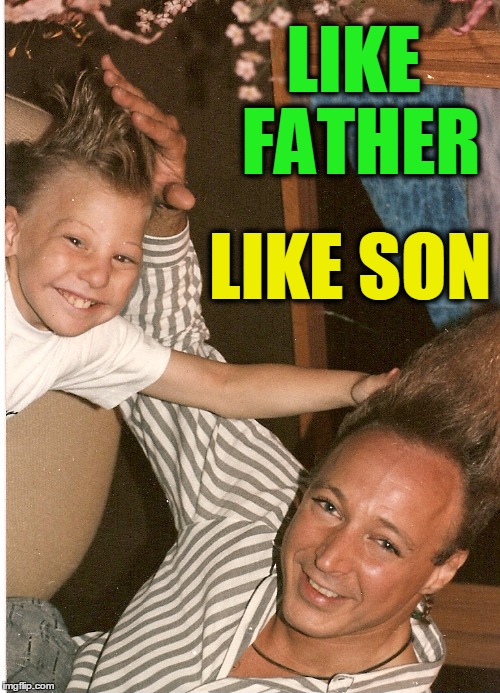 LIKE FATHER; LIKE SON | image tagged in like father like son,vince vance,stevie ray stone,tall hair,tall hair dude,dad and son | made w/ Imgflip meme maker