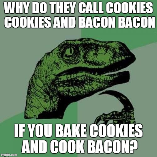 Swiggys-back told me to resubmit a meme that had this same text but use another temp. CCBB Remastered. | WHY DO THEY CALL COOKIES COOKIES AND BACON BACON; IF YOU BAKE COOKIES AND COOK BACON? | image tagged in memes,philosoraptor | made w/ Imgflip meme maker