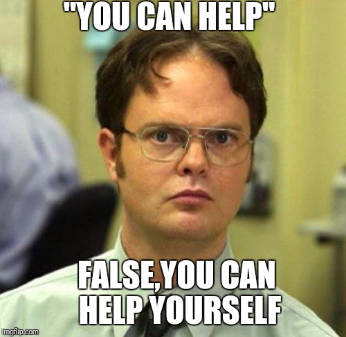 False | "YOU CAN HELP"; FALSE,YOU CAN HELP YOURSELF | image tagged in false | made w/ Imgflip meme maker