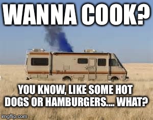 WANNA COOK? YOU KNOW, LIKE SOME HOT DOGS OR HAMBURGERS.... WHAT? | image tagged in breaking bad | made w/ Imgflip meme maker
