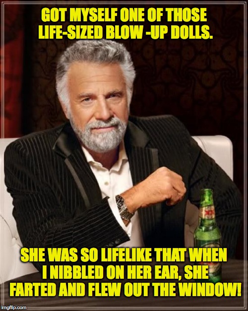One starry night.... | GOT MYSELF ONE OF THOSE LIFE-SIZED BLOW -UP DOLLS. SHE WAS SO LIFELIKE THAT WHEN I NIBBLED ON HER EAR, SHE FARTED AND FLEW OUT THE WINDOW! | image tagged in memes,the most interesting man in the world | made w/ Imgflip meme maker