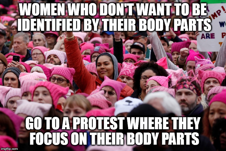 WOMEN WHO DON'T WANT TO BE IDENTIFIED BY THEIR BODY PARTS; GO TO A PROTEST WHERE THEY FOCUS ON THEIR BODY PARTS | image tagged in protest women washington pink hats | made w/ Imgflip meme maker