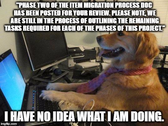 Regular email. | "PHASE TWO OF THE ITEM MIGRATION PROCESS DOC HAS BEEN POSTED FOR YOUR REVIEW. PLEASE NOTE, WE ARE STILL IN THE PROCESS OF OUTLINING THE REMAINING TASKS REQUIRED FOR EACH OF THE PHASES OF THIS PROJECT."; I HAVE NO IDEA WHAT I AM DOING. | image tagged in i have no idea,funny memes,funny because it's true,memes | made w/ Imgflip meme maker