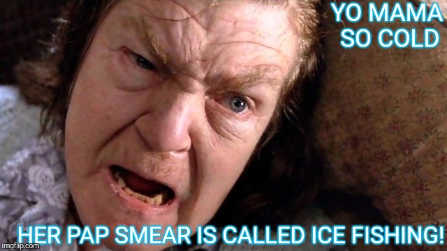 Yo mama so cold | YO MAMA SO COLD; HER PAP SMEAR IS CALLED ICE FISHING! | image tagged in throw mama,yo mama joke,lol so funny,insult of the day,cold hearted,what the fuck | made w/ Imgflip meme maker