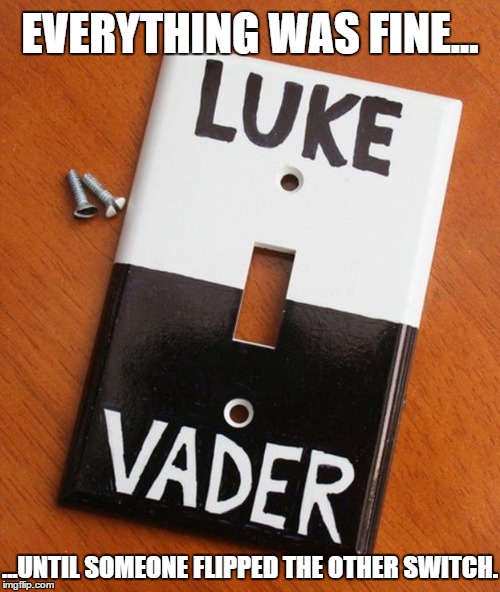 disclaimer: limited uses | EVERYTHING WAS FINE... ...UNTIL SOMEONE FLIPPED THE OTHER SWITCH. | image tagged in darth vader luke skywalker,lightswitch,monoconditional logic,electricity,star wars | made w/ Imgflip meme maker