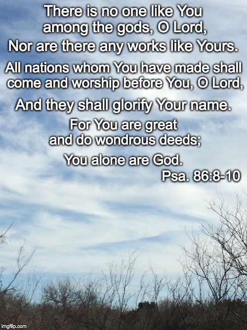 There is no one like You among the gods, O Lord, Nor are there any works like Yours. All nations whom You have made shall come and worship before You, O Lord, And they shall glorify Your name. For You are great and do wondrous deeds;; You alone are God. Psa. 86:8-10 | image tagged in you alone | made w/ Imgflip meme maker