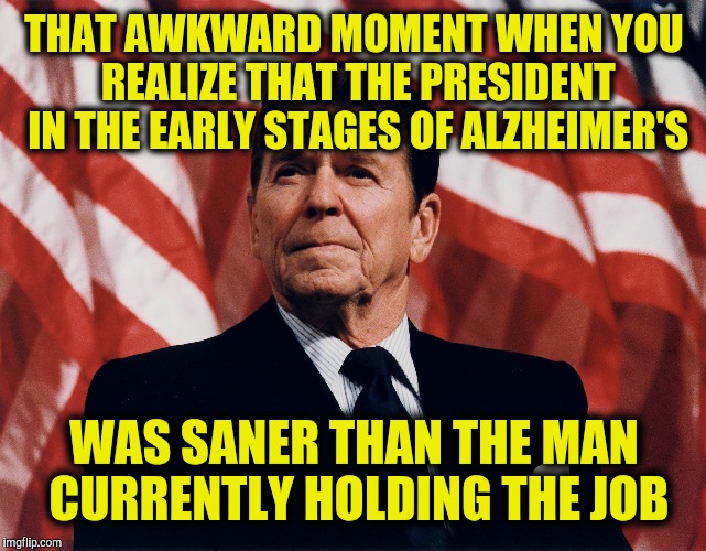 I'm almost missing the wit and wisdom of GW Bush, too. | THAT AWKWARD MOMENT WHEN YOU REALIZE THAT THE PRESIDENT IN THE EARLY STAGES OF ALZHEIMER'S; WAS SANER THAN THE MAN CURRENTLY HOLDING THE JOB | image tagged in ronald reagan,donald trump,mental capacity | made w/ Imgflip meme maker
