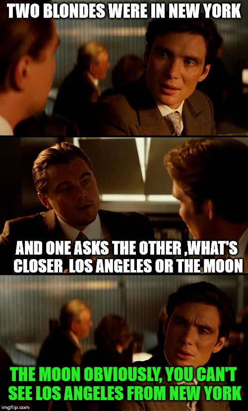 inception | TWO BLONDES WERE IN NEW YORK; AND ONE ASKS THE OTHER ,WHAT'S CLOSER 
LOS ANGELES OR THE MOON; THE MOON OBVIOUSLY, YOU CAN'T SEE LOS ANGELES FROM NEW YORK | image tagged in leonardo dicaprio wolf of wall street,funny memes,dumb blonde | made w/ Imgflip meme maker