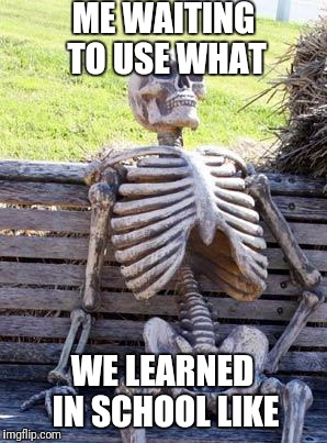 Waiting Skeleton Meme | ME WAITING TO USE WHAT; WE LEARNED IN SCHOOL LIKE | image tagged in memes,waiting skeleton | made w/ Imgflip meme maker