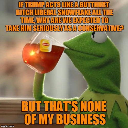 But That's None Of My Business Meme | IF TRUMP ACTS LIKE A BUTTHURT B**CH LIBERAL SNOWFLAKE ALL THE TIME, WHY ARE WE EXPECTED TO TAKE HIM SERIOUSLY AS A CONSERVATIVE? BUT THAT'S  | image tagged in memes,but thats none of my business,kermit the frog | made w/ Imgflip meme maker