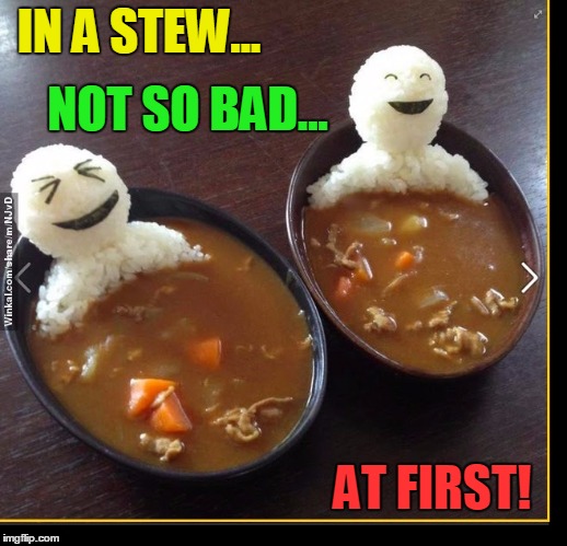 The Perils of Food | IN A STEW... NOT SO BAD... AT FIRST! | image tagged in in a stew,vince vance,rice people in stew hot tub,happy rice,food memes | made w/ Imgflip meme maker