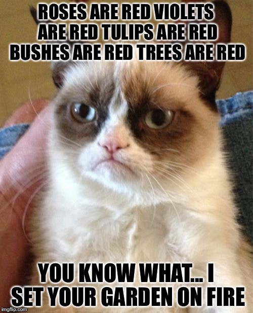 Grumpy Cat | ROSES ARE RED VIOLETS ARE RED TULIPS ARE RED BUSHES ARE RED
TREES ARE RED; YOU KNOW WHAT... I SET YOUR GARDEN ON FIRE | image tagged in memes,grumpy cat | made w/ Imgflip meme maker