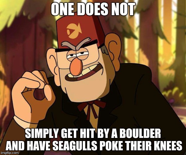 "One Does Not Simply" Stan Pines | ONE DOES NOT; SIMPLY GET HIT BY A BOULDER AND HAVE SEAGULLS POKE THEIR KNEES | image tagged in one does not simply stan pines | made w/ Imgflip meme maker