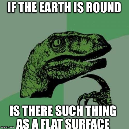 Philosoraptor | IF THE EARTH IS ROUND; IS THERE SUCH THING AS A FLAT SURFACE | image tagged in memes,philosoraptor | made w/ Imgflip meme maker