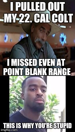 This is why you're stupid | I PULLED OUT MY 22. CAL COLT; I MISSED EVEN AT POINT BLANK RANGE | image tagged in this is why you're stupid | made w/ Imgflip meme maker