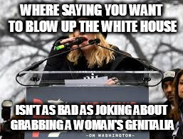 WHERE SAYING YOU WANT TO BLOW UP THE WHITE HOUSE; ISN'T AS BAD AS JOKING ABOUT GRABBING A WOMAN'S GENITALIA | image tagged in woman's march washington madonna blow up white house donald trump president | made w/ Imgflip meme maker