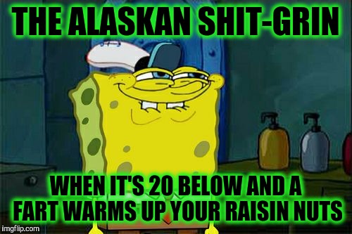 Don't You Squidward | THE ALASKAN SHIT-GRIN; WHEN IT'S 20 BELOW AND A FART WARMS UP YOUR RAISIN NUTS | image tagged in memes,dont you squidward | made w/ Imgflip meme maker