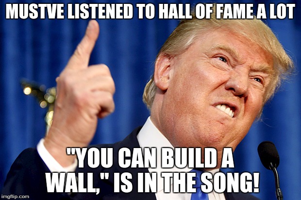 Donald Trump | MUSTVE LISTENED TO HALL OF FAME A LOT; "YOU CAN BUILD A WALL," IS IN THE SONG! | image tagged in donald trump | made w/ Imgflip meme maker