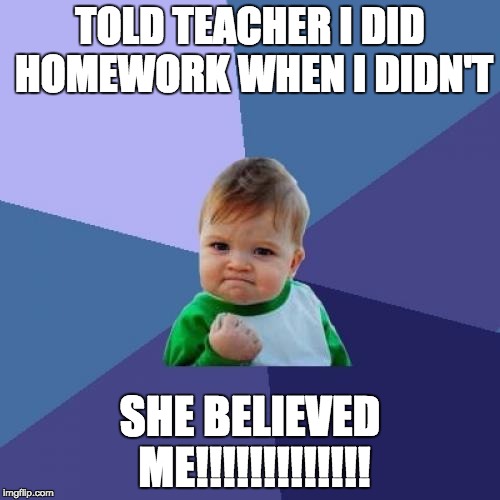 Success Kid Meme | TOLD TEACHER I DID HOMEWORK WHEN I DIDN'T; SHE BELIEVED ME!!!!!!!!!!!!! | image tagged in memes,success kid | made w/ Imgflip meme maker