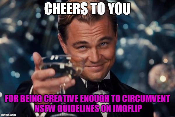 Leonardo Dicaprio Cheers Meme | CHEERS TO YOU FOR BEING CREATIVE ENOUGH TO CIRCUMVENT NSFW GUIDELINES ON IMGFLIP | image tagged in memes,leonardo dicaprio cheers | made w/ Imgflip meme maker
