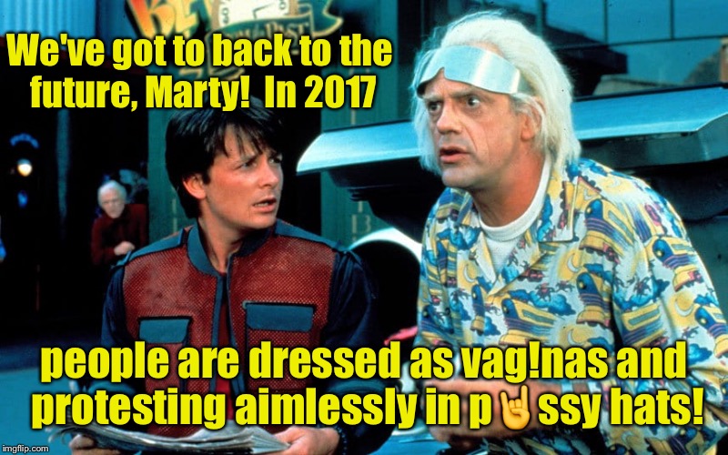 Marty, you've got to save your millennial children! | We've got to back to the future, Marty!  In 2017; people are dressed as vag!nas and protesting aimlessly in p🤘ssy hats! | image tagged in memes,back to future,protesters,libtard costumes,hats | made w/ Imgflip meme maker