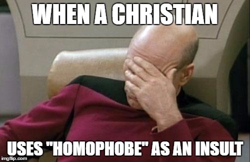 ninja2016 Is That You? | WHEN A CHRISTIAN; USES "HOMOPHOBE" AS AN INSULT | image tagged in memes,captain picard facepalm,ninja2016,homophobic,homophobia,christians christianity | made w/ Imgflip meme maker