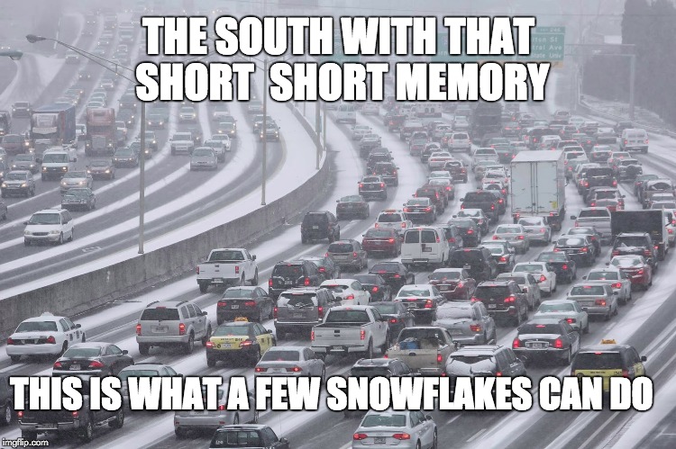 snowflakes in Hotlanta | THE SOUTH WITH THAT SHORT 
SHORT MEMORY; THIS IS WHAT A FEW SNOWFLAKES CAN DO | image tagged in snowflakes,politics,funny,liberals,blessed | made w/ Imgflip meme maker