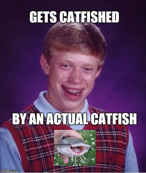 Catfish... | GETS CATFISHED; BY AN ACTUAL CATFISH | image tagged in memes,bad luck brian,catfish,catfishing | made w/ Imgflip meme maker