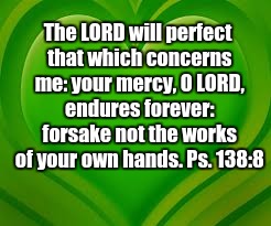 The LORD will perfect that which concerns me: your mercy, O LORD, endures forever: forsake not the works of your own hands. Ps. 138:8 | image tagged in psalm 138 | made w/ Imgflip meme maker