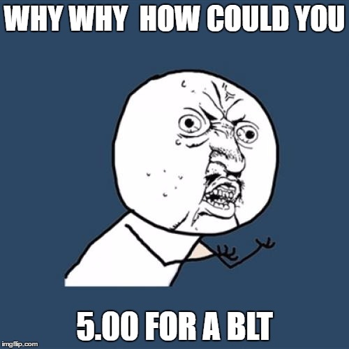 Y U No | WHY WHY  HOW COULD YOU; 5.00 FOR A BLT | image tagged in memes,y u no | made w/ Imgflip meme maker